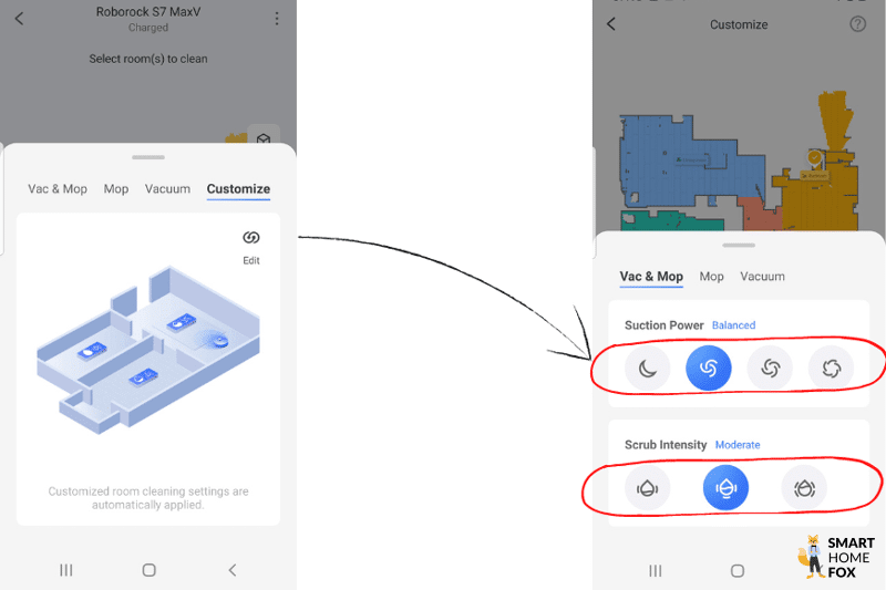Suction power or water flow level is set individually for each room in the Roborock App.